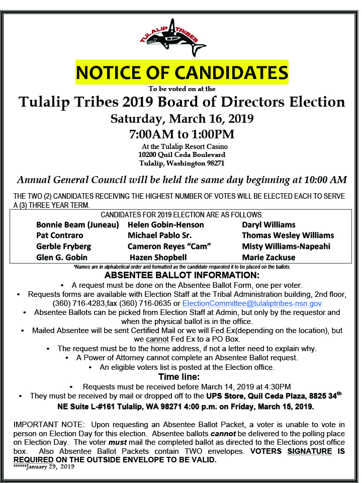 Notice Of Candidates Tulalip Tribes 2019 Board Of Directors Election